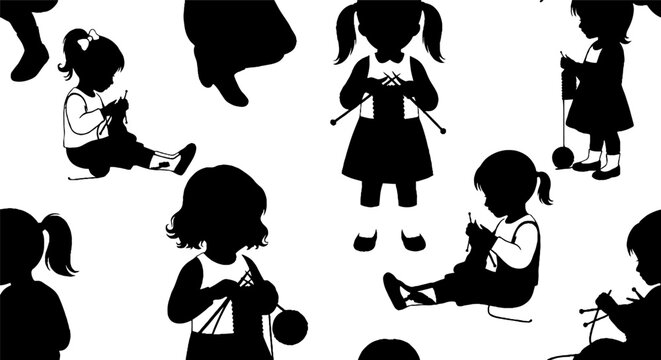 Silhouette Children Playing and Knitting Together Repeated Pattern.