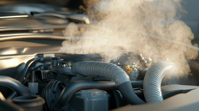 An overheating car engine emitting thick steam or smoke from under the hood due to a malfunction.