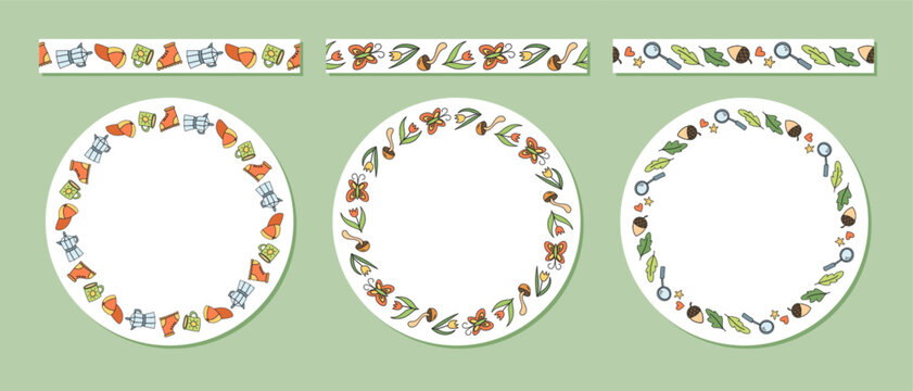 Green outdoor camping doodle stripe collection with seamless round frame and color cartoon nature equipment pattern. Hiking and adventure element in playful camp art frame set.