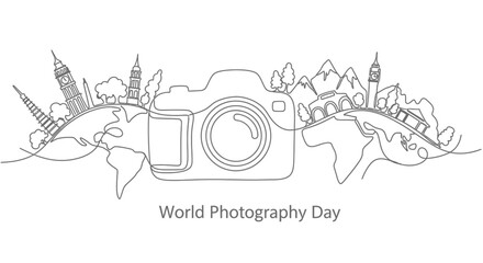 World Photography Day continuous line drawing with camera and global travel landmarks © Joyo