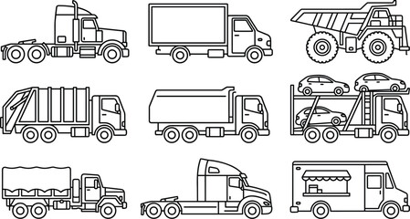 Commercial Truck Line Icon Set with Cargo Van Semi Trailer Dump Truck Garbage Hauler and Food Truck for Logistics Transport Industry Designs © MdRajiurRahman