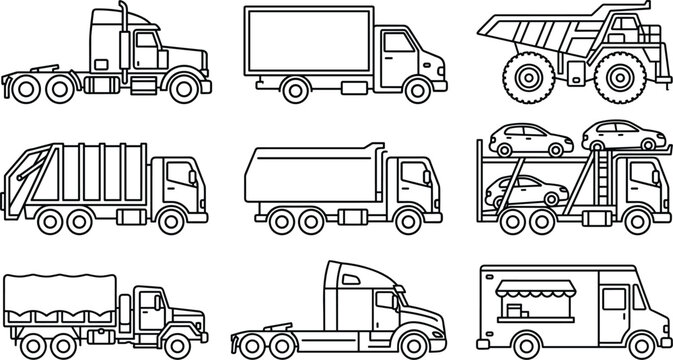 Commercial Truck Line Icon Set with Cargo Van Semi Trailer Dump Truck Garbage Hauler and Food Truck for Logistics Transport Industry Designs