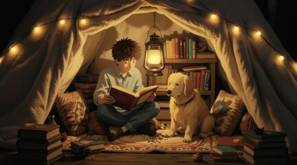 Fototapeta premium Boy reads book to golden retriever dog in cozy blanket fort tent. Warm lantern light illuminates shelf with books. Festive string lights create magical atmosphere for childhood imagination.