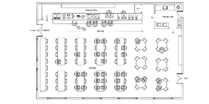 Top view architectural drawing of canteen scene with people eating at tables, food trays and dining layout, clean minimal line illustration for cafeteria floor plan use