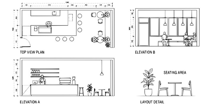 Top view architectural drawing of canteen scene with people eating at tables, food trays and dining layout, clean minimal line illustration for cafeteria floor plan use
