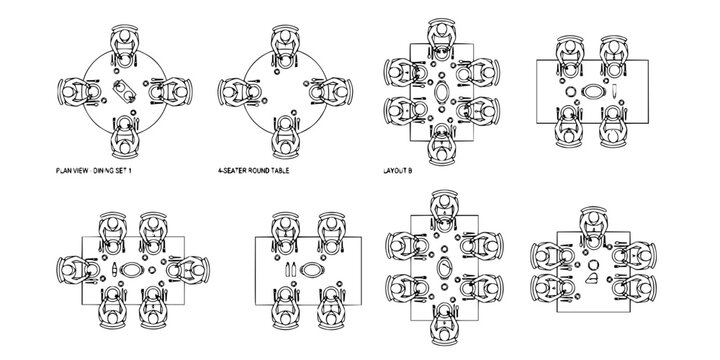 Top view architectural drawing of canteen scene with people eating at tables, food trays and dining layout, clean minimal line illustration for cafeteria floor plan use