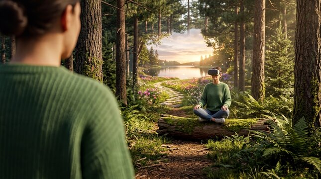mental health therapy, a person wearing a vr headset peacefully engages with nature, surrounded by a forest