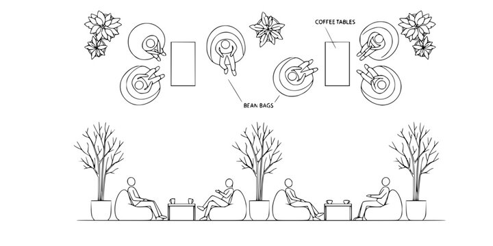  cafe interior drawings set with counter, coffee machine, seating area and people, top view and elevation in clean architectural line style for plans and layouts