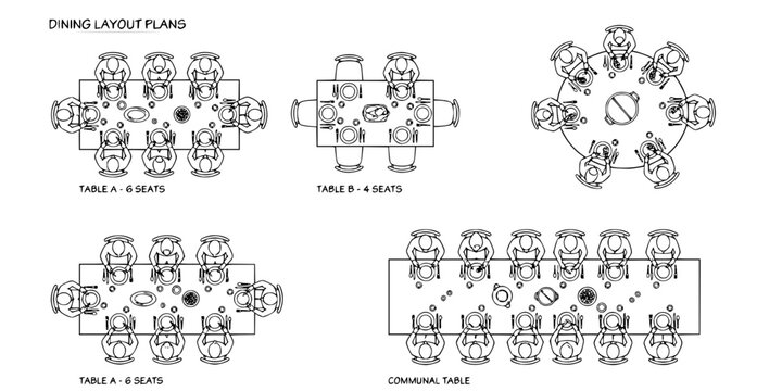 Top view architectural drawing of canteen scene with people eating at tables, food trays and dining layout, clean minimal line illustration for cafeteria floor plan use
