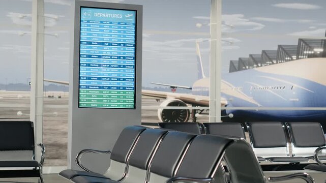 Multiracial tourists in airport hub looking at departure board timetable, going to boarding gate. Diverse group of travelers reading time on FIDS display, leaving for boarding call