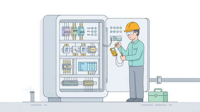 Technician inspecting industrial control panel with tools for engineering blogs, safety training, and technical documentation