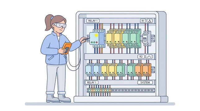 Technician checking industrial control panel with measuring device for engineering blogs, technical manuals, training materials, and safety guidelines