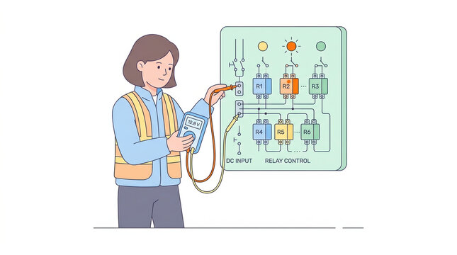 Engineer diagnosing electrical relay system with testing device for technology blogs, engineering education, and electronics tutorials