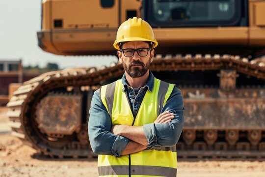 Focused construction worker stands confidently before excavator. Man wears hard hat safety vest glasses arms crossed. Represents strength expertise in building industry. Site work project development