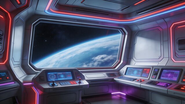 Spaceship control room with Earth view