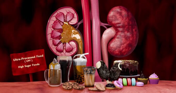 Kidney deterioration associated with unhealthy foods illustrating renal inflammation, impaired filtration, and chronic kidney disease linked to poor dietary habits. 3D Rendering
