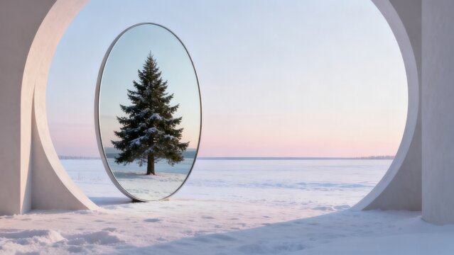 Snowy tree in mirror within circular frame