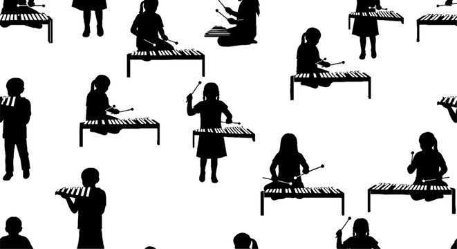 Silhouette figures playing various xylophone instruments repeatedly.