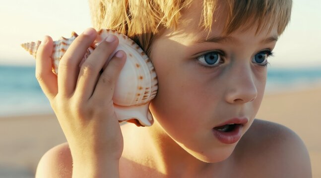 Child holds seashell to ear on sandy beach. Boy hears ocean sounds with amazed expression. Soft sunlight illuminates young boy face on vacation.