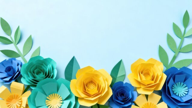 Colorful paper flowers and leaves on blue background