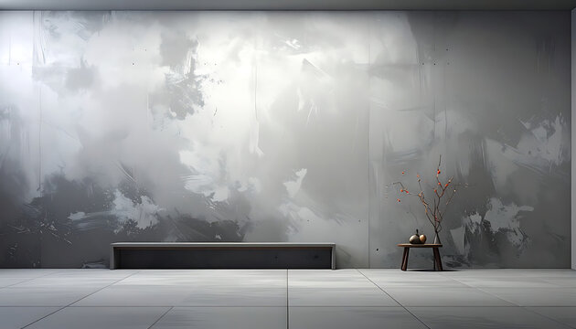 Minimalist empty room with textured concrete wall, bench, and small decorative table with vase, serene atmosphere, architectural interior