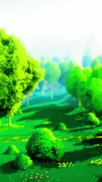 A vibrant forest scene shows trees with bright green leaves under sunny skies. The ground is covered with grass and small bushes. Sunlight filters through the foliage creating a lively atmosphere.