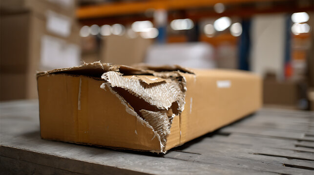 Damaged Cardboard Box on Pallet in Warehouse: Shipping Mishap, Delivery Problem, Broken Package, Supply Chain Issue, Freight Damage, E-commerce