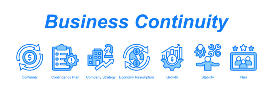 Business Continuity banner web icon vector illustration concept with an icon of Continuity, Contingency Plan, Company Strategy, Economy Resumption, Growth, Stability, Plan 