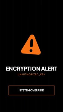 Encryption alert security warning screen with system override button, mobile application ui, cybersecurity notification interface, minimal orange flat vector graphic.