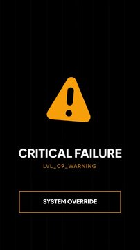 Critical failure system warning notification screen with override button, technical error mobile application UI, emergency system alert design, minimal yellow flat vector graphic.