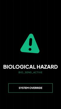 Biological hazard warning interface with system override button, lab safety mobile notification screen, biohazard alert UI, minimal green flat vector graphic.