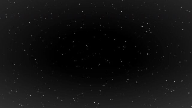Animated falling white particles against a dark, starry background with subtle vignetting, ideal for science fiction, holiday themes and abstract presentations