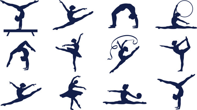 Gymnastics and Rhythmic Gymnast Silhouette Set with Artistic Gymnasts Performing Splits Handstands Balance Beam and Ribbon Dance Routine Poses for Sports Designs