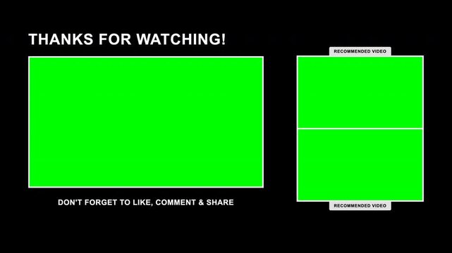 YouTube end screen template with green screen placeholders on black background, ideal for video outros, content creation and social media