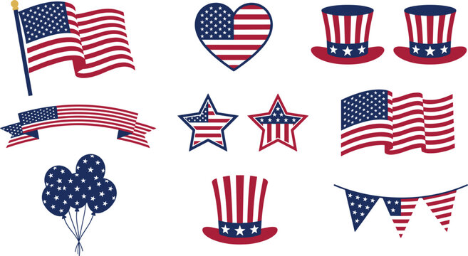 USA Independence Day Element Collection with American Waving Flags Uncle Sam Hats Stars Ribbon Heart and Balloons for Fourth of July Festival Designs