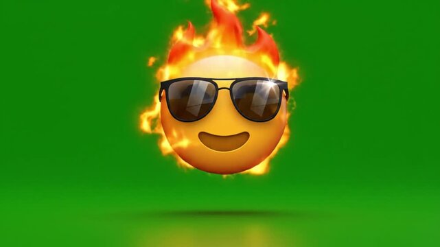 Stylish 3D animated fire emoji with cool dark sunglasses gently rotating and bouncing in a seamless loop realistic fire simulation with flickering flames soft glowing light effects glossy emoji textur