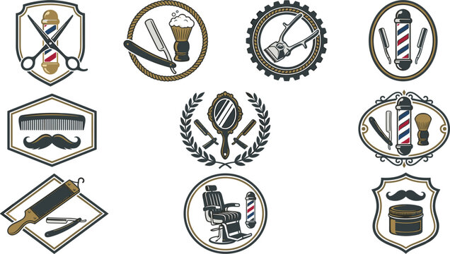 Vintage Barbershop Logo Badge Design Set with Barber Pole Scissors Straight Razor Mustache Comb and Shaving Brush Symbols for Gentleman Grooming Salons