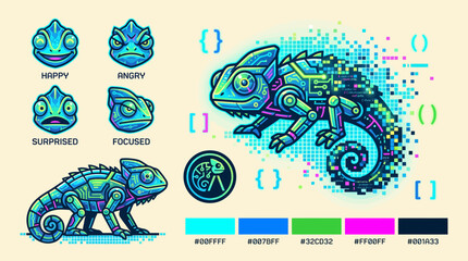 Colorful pixel art chameleon with various expressions. © Tresno