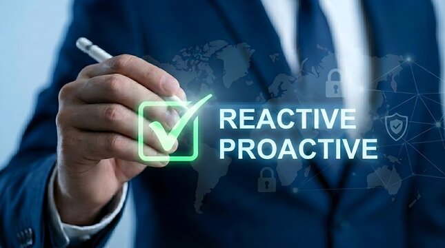 Businessman making a choice between reactive and proactive business strategies with a glowing check mark on a digital world map background.