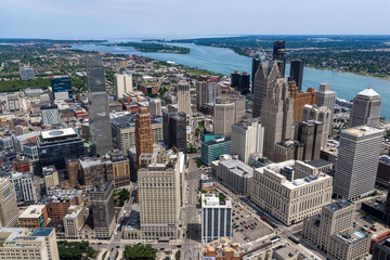 Aerial View of Detroit Skyline and Detroit River Showcasing Michigan’s Historic Motor City and Cultural Heart