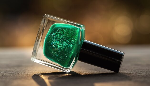 Transparent cosmetic container holding sparkling emerald liquid rests on a textured surface.