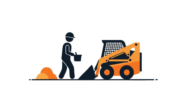 Minimalist Construction Site Illustration with Worker and Skid Steer Loader
