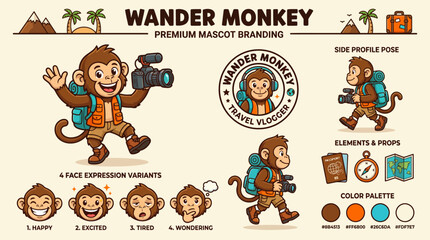 Cartoon monkey with camera and backpack. © king