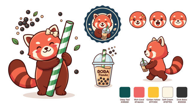 Cute red panda holding bubble tea drink.