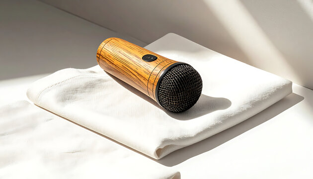 Natural bamboo facial cleansing brush with black bristles resting on white terry cloth towel, soft shadows, spa and skincare.