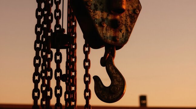 Rusty crane hook and chains hang against a warm sunset sky. Heavy industrial equipment ready for lifting large loads. Steel chains connect to pulley block for work.