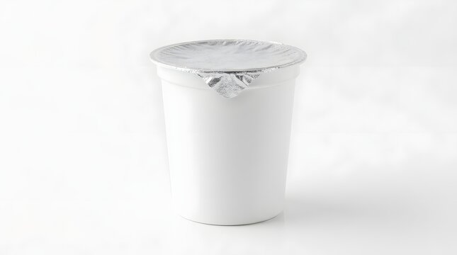 White Plastic Yogurt Cup Mockup with Silver Foil Lid on White Background