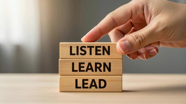 Listen, Learn, Lead blocks stacked with finger: A finger gently touches stacked wooden blocks inscribed with the words Listen, Learn, and Lead, symbolizing personal growth and leadership journey.