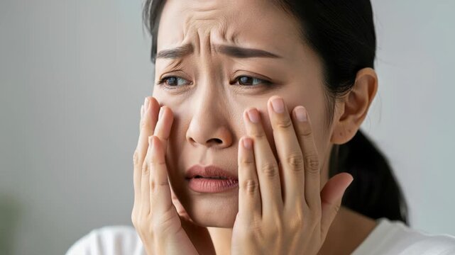 Distress and Discomfort: A young woman's face is etched with worry and anxiety as she touches her cheeks, her eyes wide with concern.