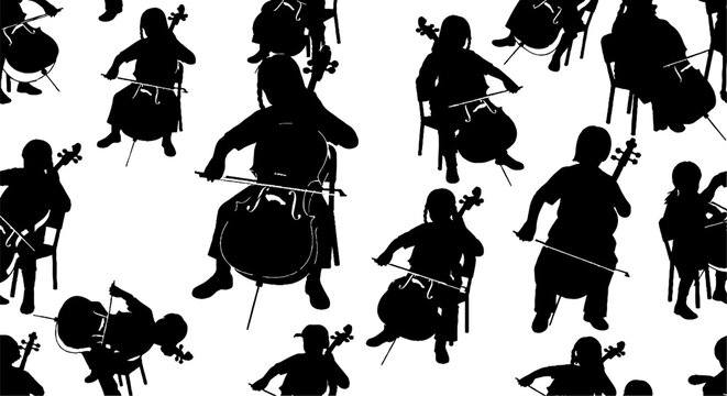 Silhouettes of Orchestra Musicians Playing Various Instruments Together.